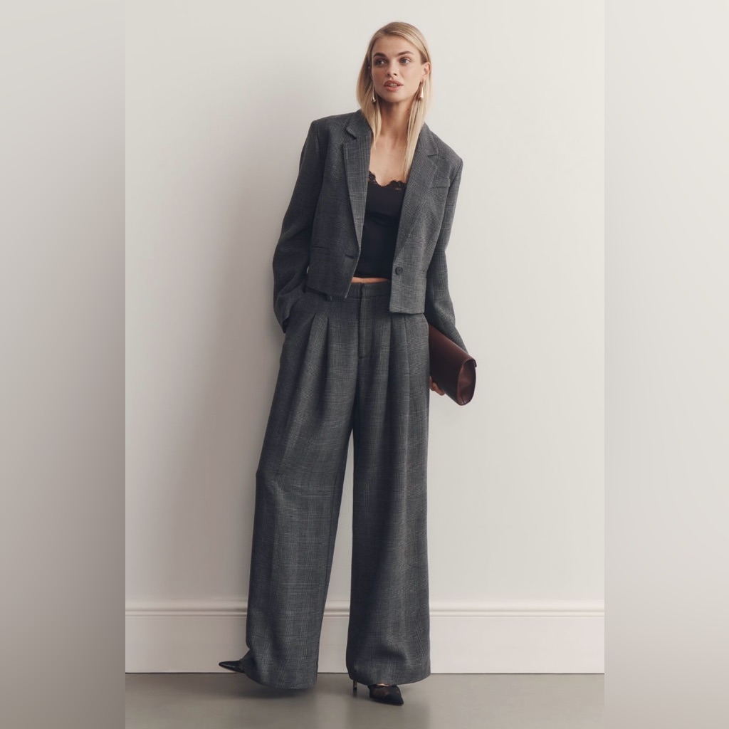 Anthropologie Set Crop Boxy Blazer & Pleated Wide Leg Trousers Grey Houndstooth